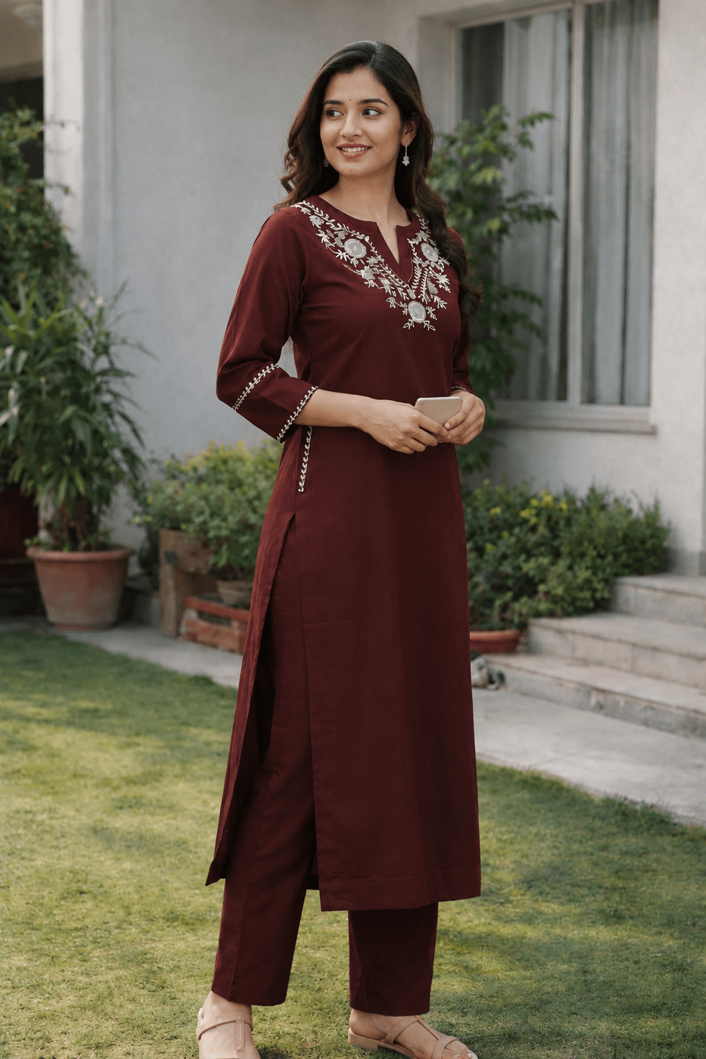 Maroon Embroidered Cotton Kurti Pant Set