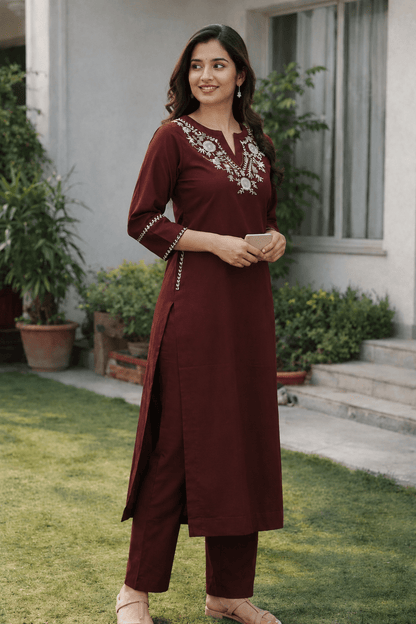Maroon Embroidered Cotton Kurti Pant Set