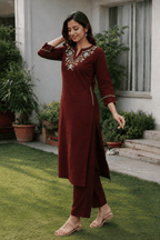Maroon Embroidered Cotton Kurti Pant Set