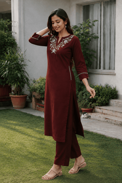 Maroon Embroidered Cotton Kurti Pant Set