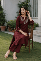 Maroon Embroidered Cotton Kurti Pant Set