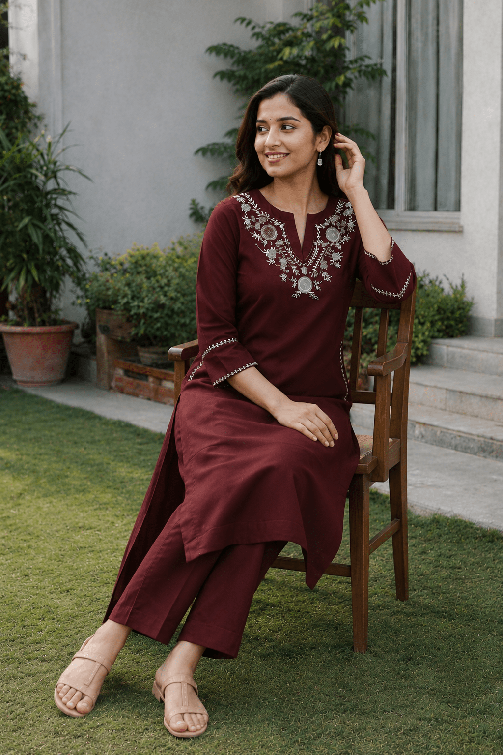 Maroon Embroidered Cotton Kurti Pant Set