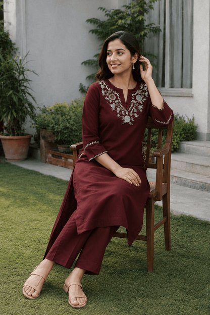 Maroon Embroidered Cotton Kurti Pant Set