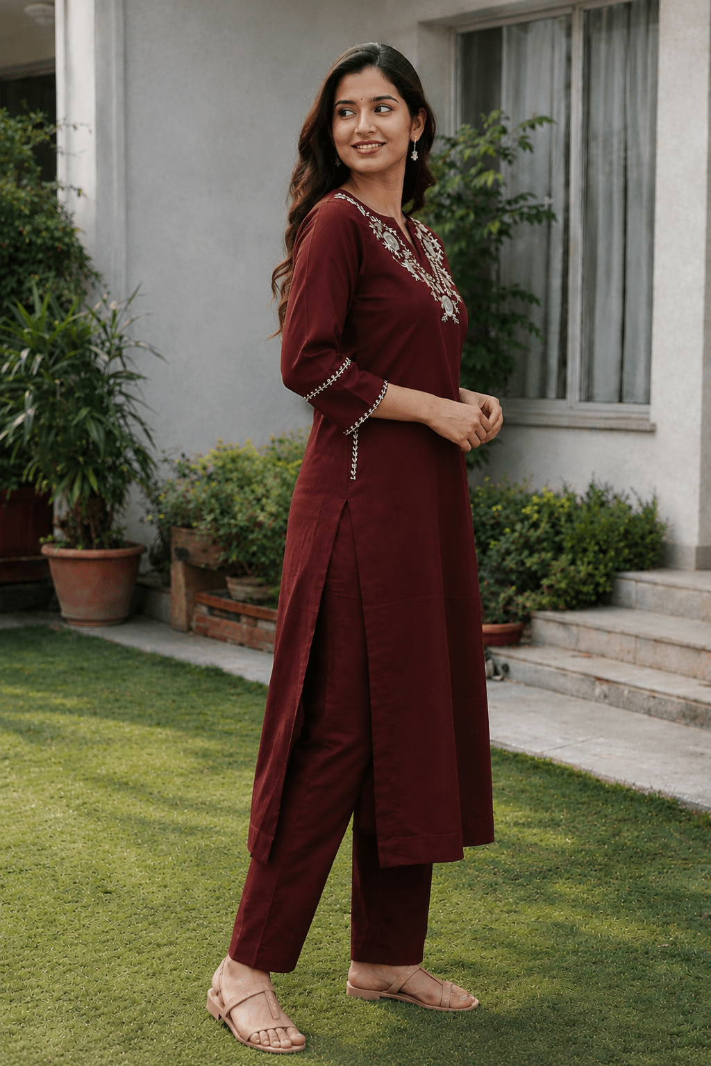 Maroon Embroidered Cotton Kurti Pant Set