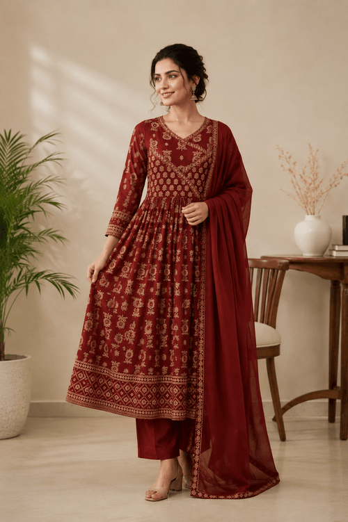 Maroon Floral Printed Anarkali Suit Set - Mayantiie