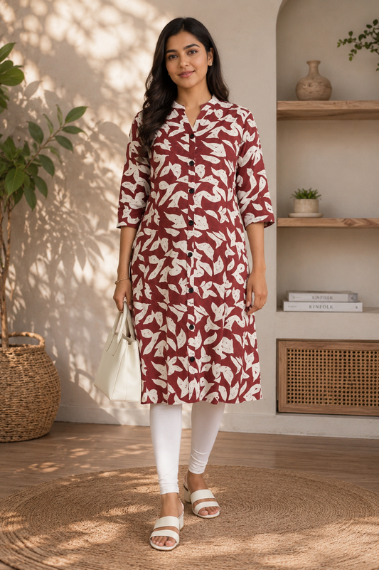 Rust Brown Abstract Floral Print Rayon Kurti for Women
