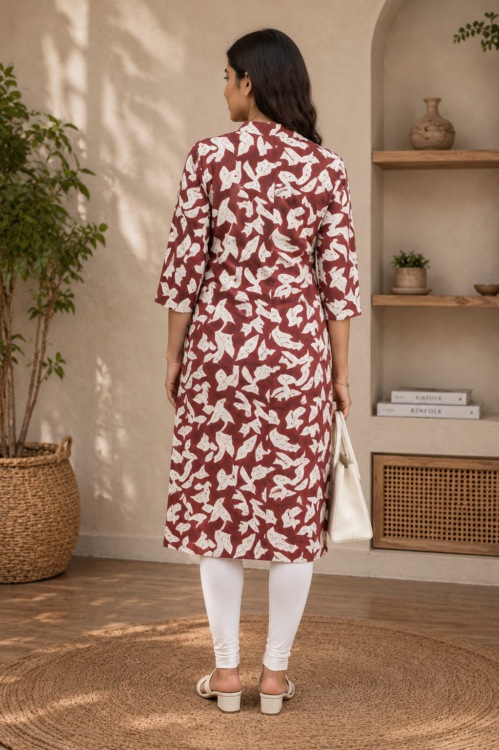 Rust Brown Abstract Floral Print Rayon Kurti for Women
