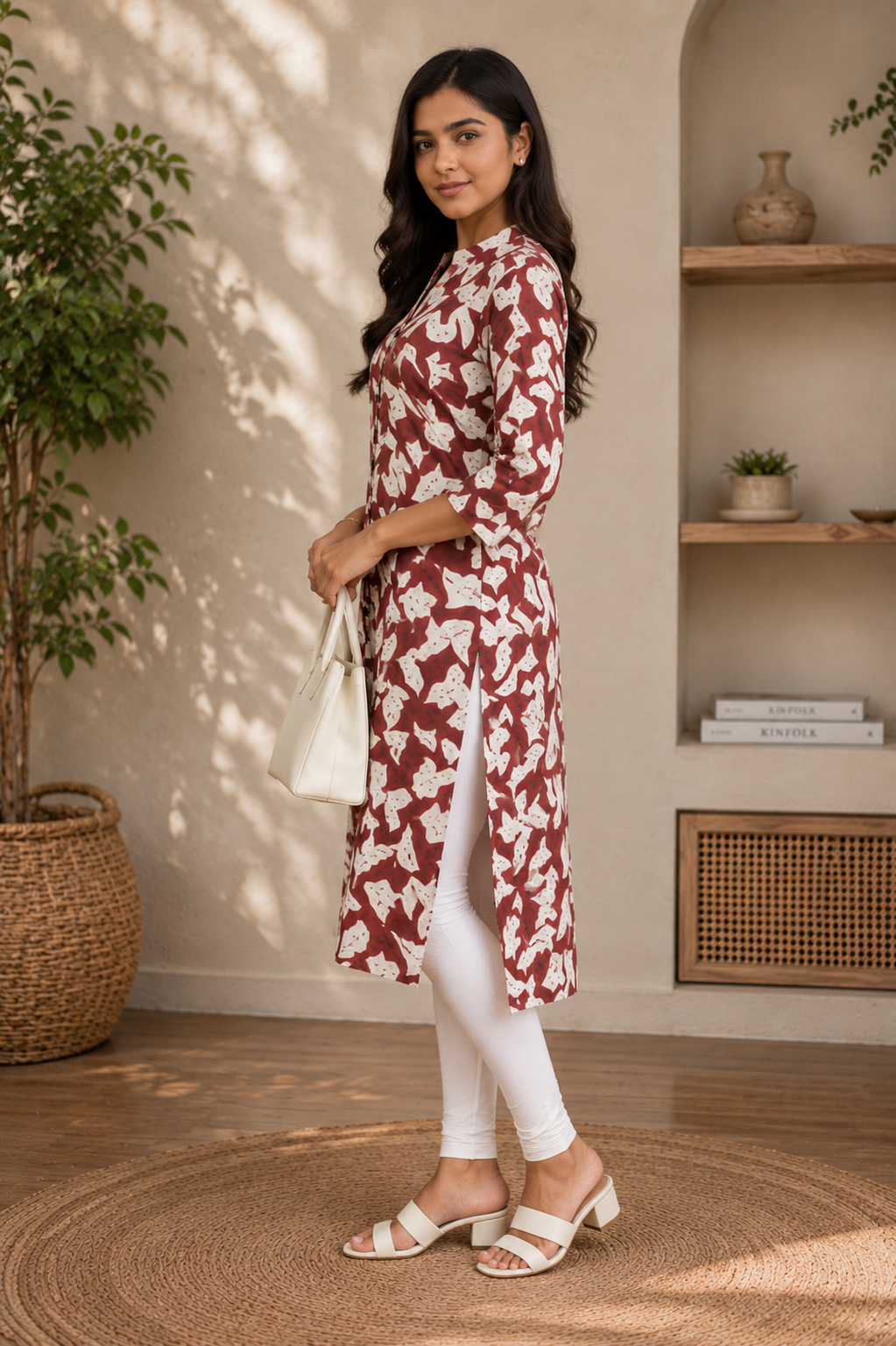 Rust Brown Abstract Floral Print Rayon Kurti for Women