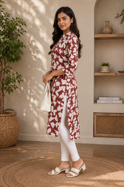 Rust Brown Abstract Floral Print Rayon Kurti for Women