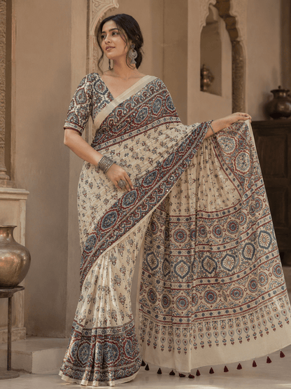 Meher Ajrakh Inspired Ivory Gaji Silk Saree