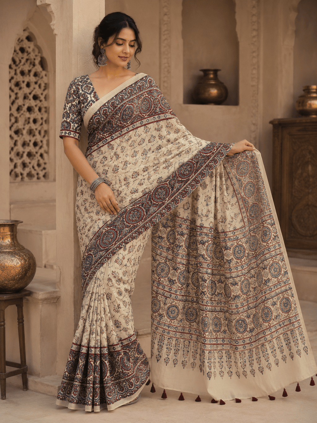 Meher Ajrakh Inspired Ivory Gaji Silk Saree
