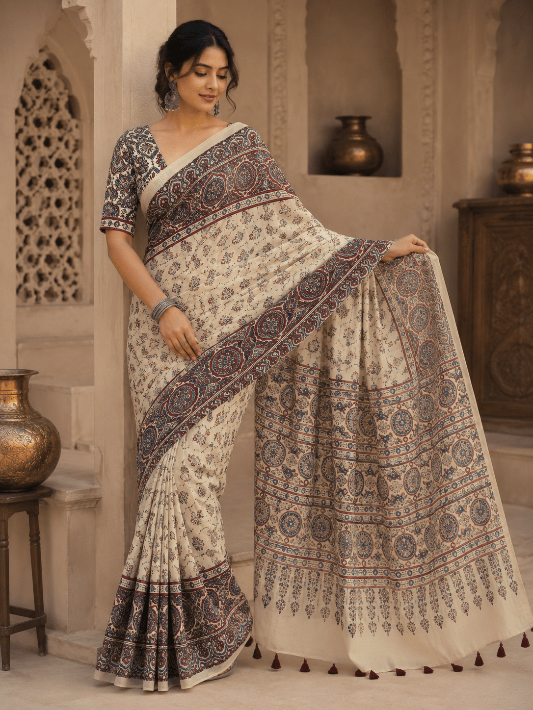 Meher Ajrakh Inspired Ivory Gaji Silk Saree