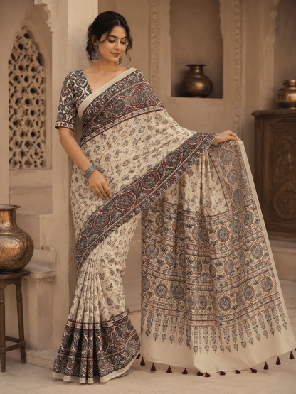 Meher Ajrakh Inspired Ivory Gaji Silk Saree