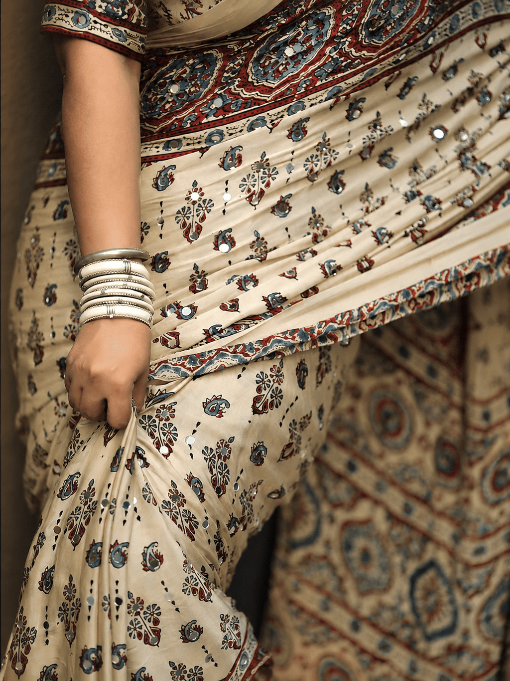Meher Ajrakh Inspired Ivory Gaji Silk Saree