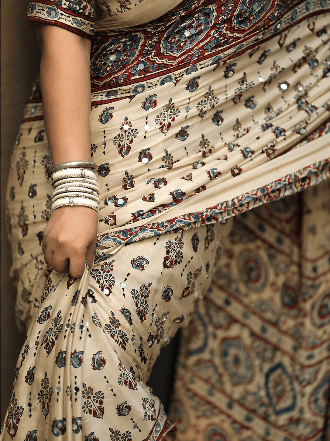 Meher Ajrakh Inspired Ivory Gaji Silk Saree