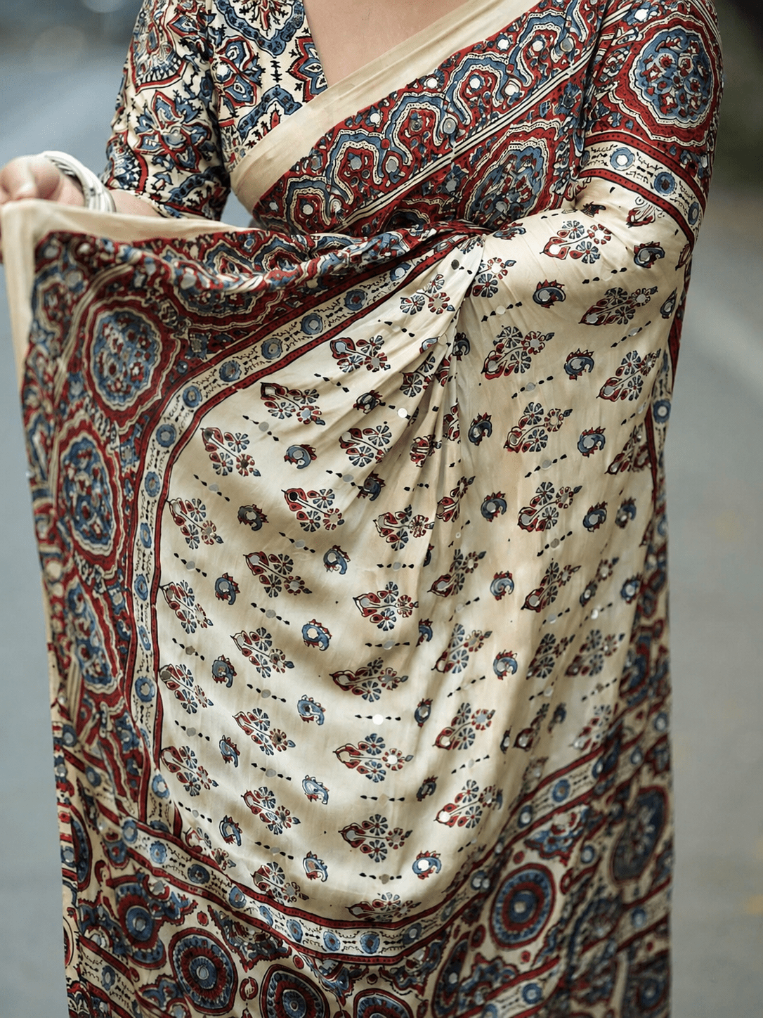 Meher Ajrakh Inspired Ivory Gaji Silk Saree
