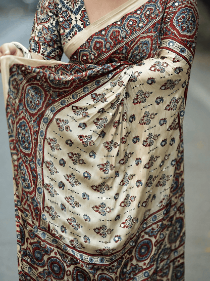 Meher Ajrakh Inspired Ivory Gaji Silk Saree