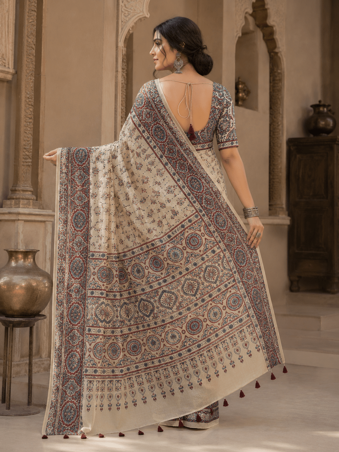 Meher Ajrakh Inspired Ivory Gaji Silk Saree