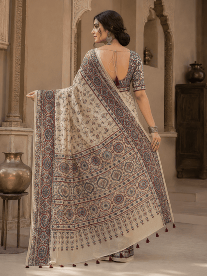 Meher Ajrakh Inspired Ivory Gaji Silk Saree