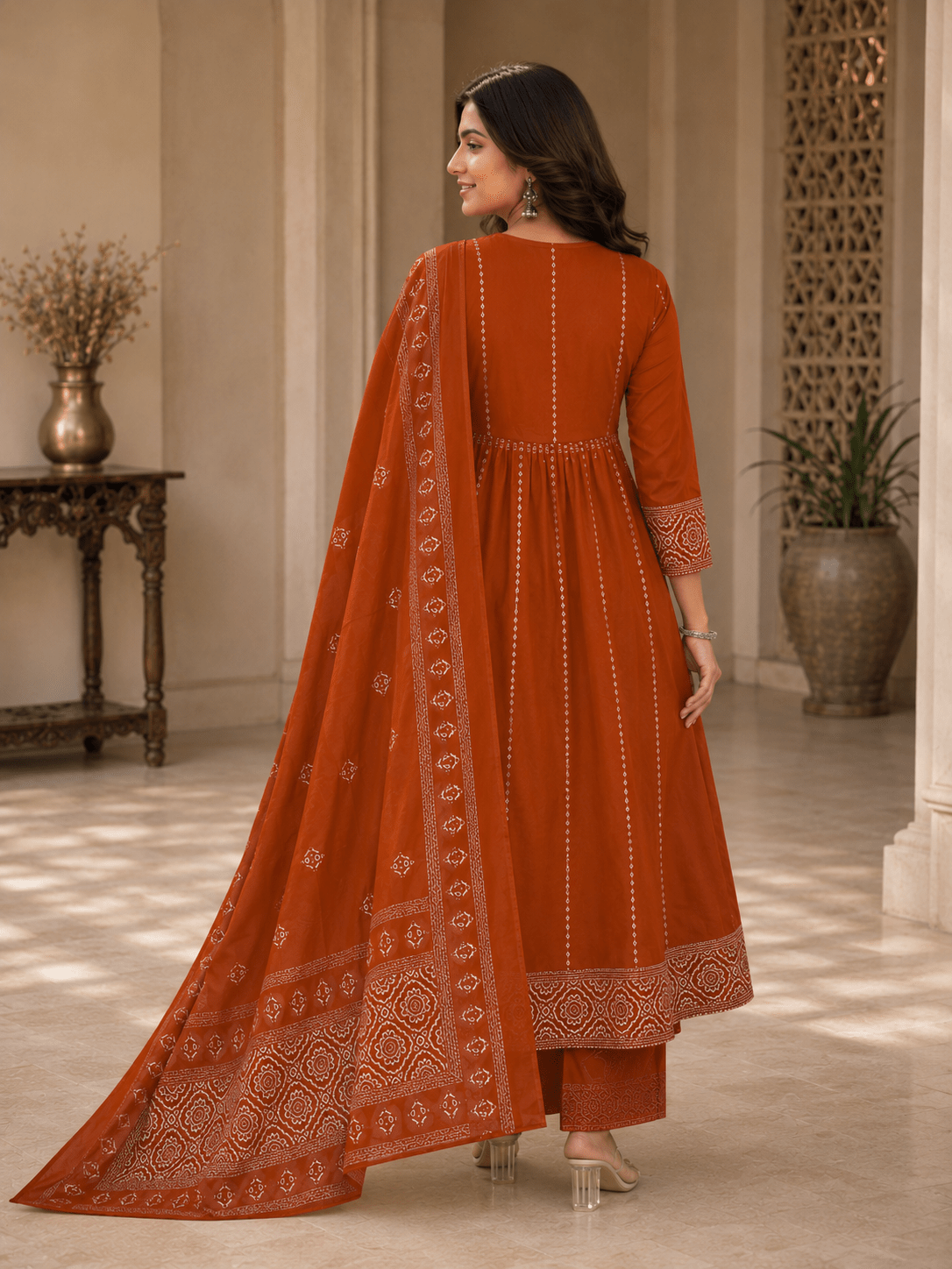 Meher Rust Premium Cotton Anarkali Kurta Pant Set