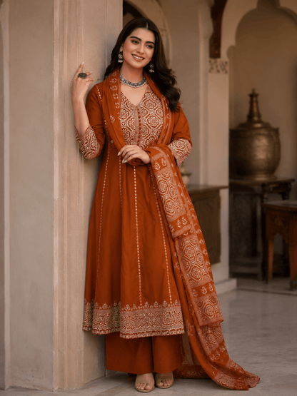 Meher Rust Premium Cotton Anarkali Kurta Pant Set