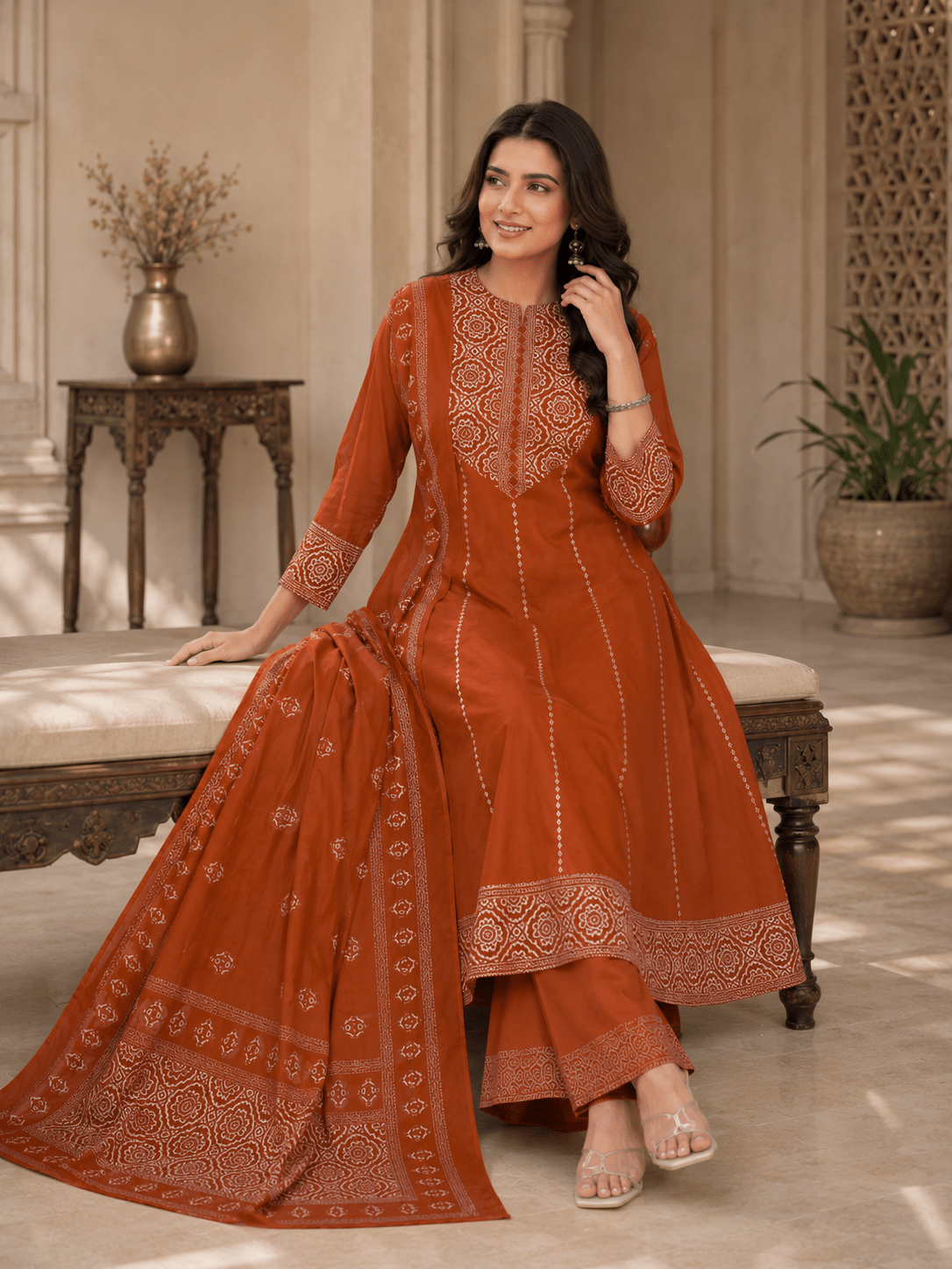 Meher Rust Premium Cotton Anarkali Kurta Pant Set