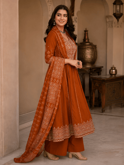 Meher Rust Premium Cotton Anarkali Kurta Pant Set