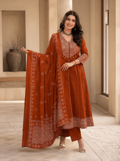 Meher Rust Premium Cotton Anarkali Kurta Pant Set