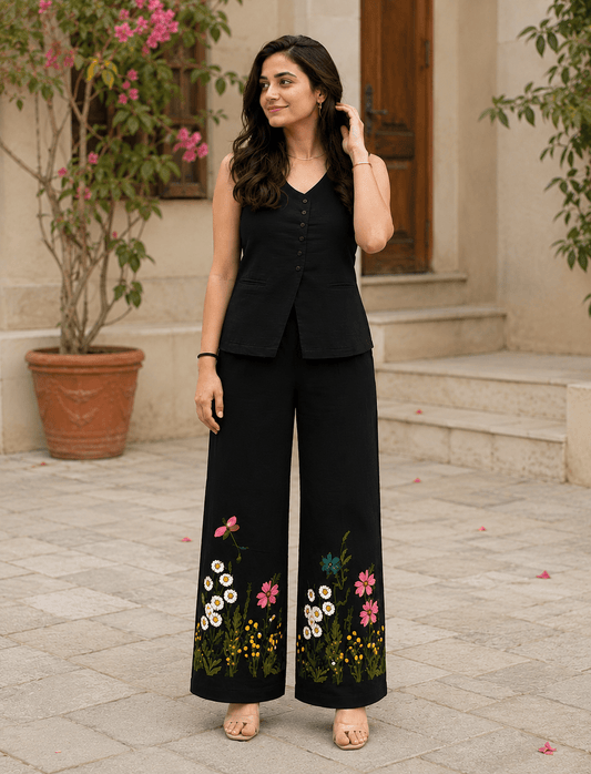Midnight Black Cotton Embroidered Co-ord set