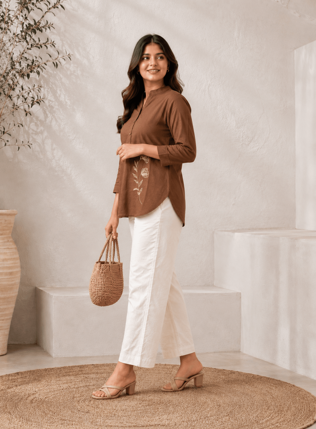 Mocha Brown Cotton Printed Co-ord Set by Mayantiie