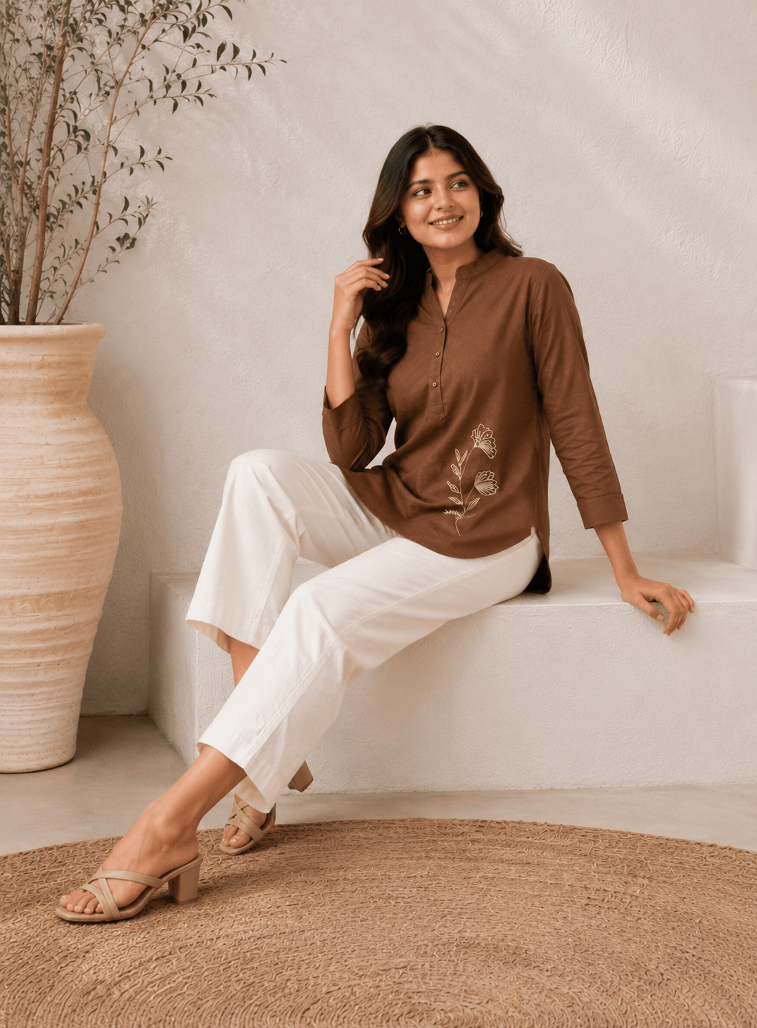 Mocha Brown Cotton Printed Co-ord Set by Mayantiie