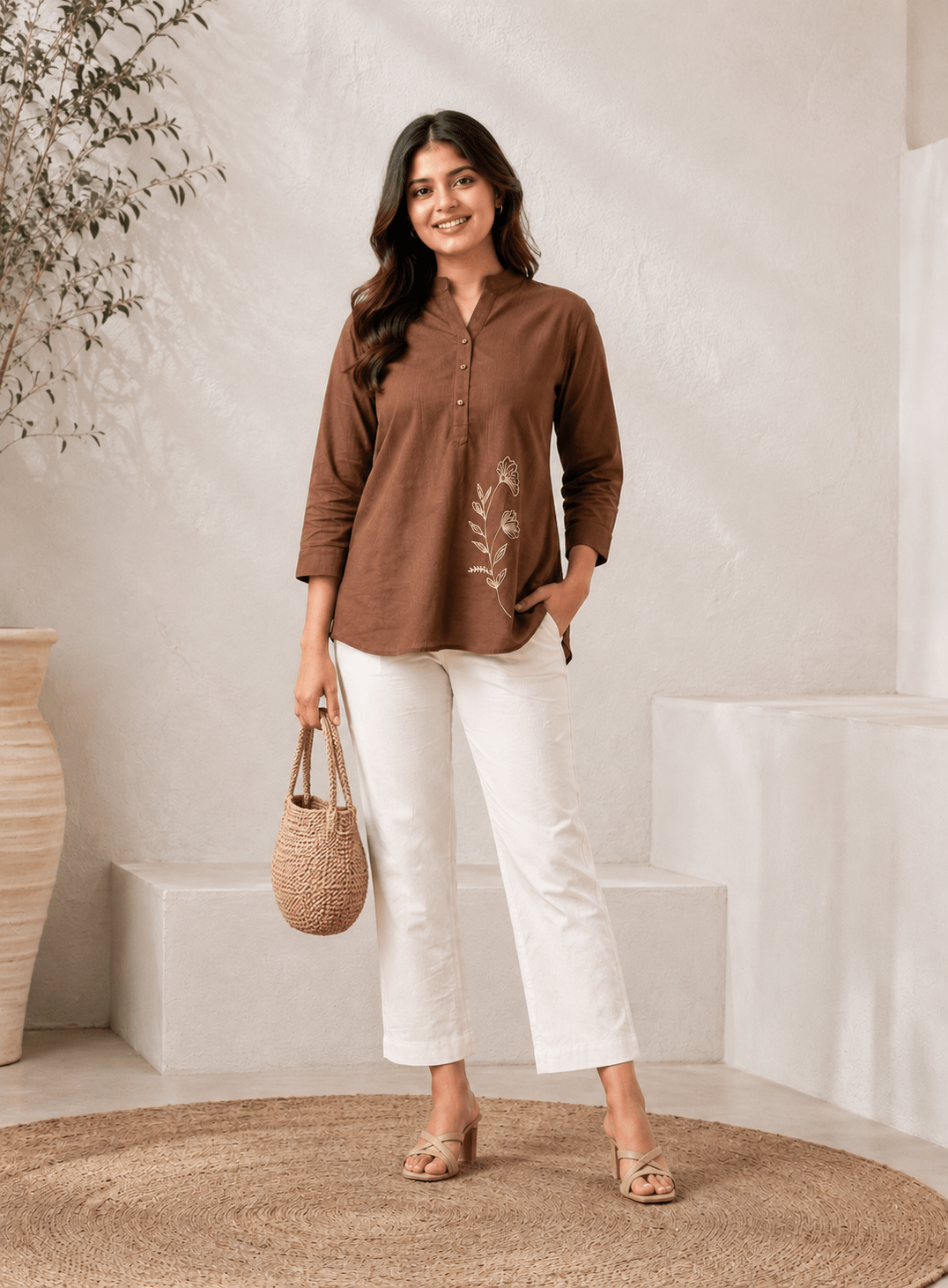 Mocha Brown Cotton Printed Co-ord Set by Mayantiie