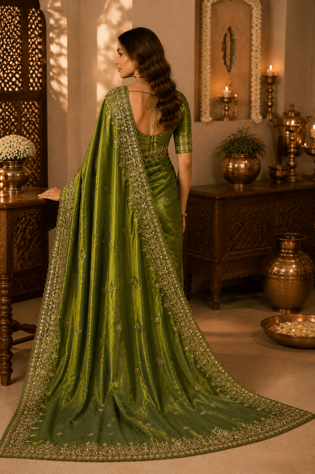 Moss Green Zari & Sequin Embroidered Silk Saree by Mayantiie