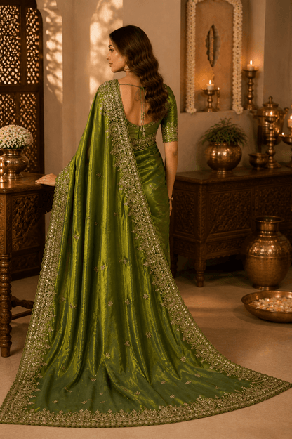 Moss Green Zari & Sequin Embroidered Silk Saree by Mayantiie