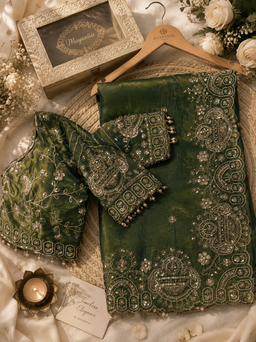 Moss Green Zari & Sequin Embroidered Silk Saree by Mayantiie