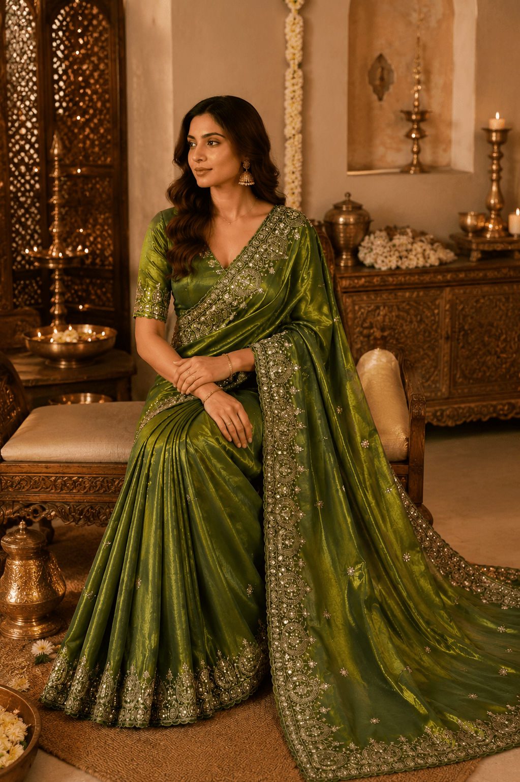 Moss Green Zari & Sequin Embroidered Silk Saree by Mayantiie