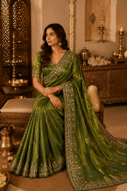 Moss Green Zari & Sequin Embroidered Silk Saree by Mayantiie