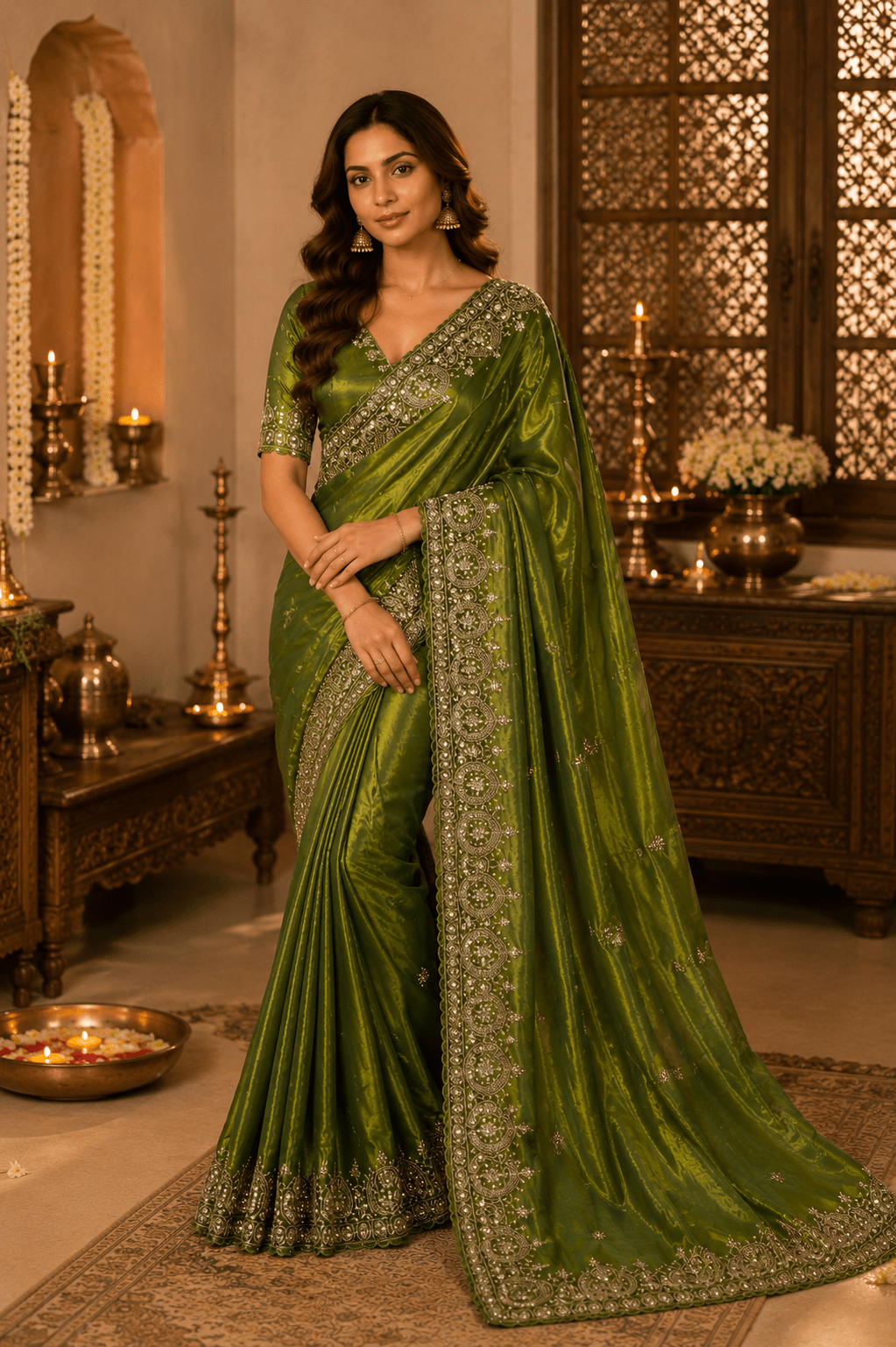 Moss Green Zari & Sequin Embroidered Silk Saree by Mayantiie