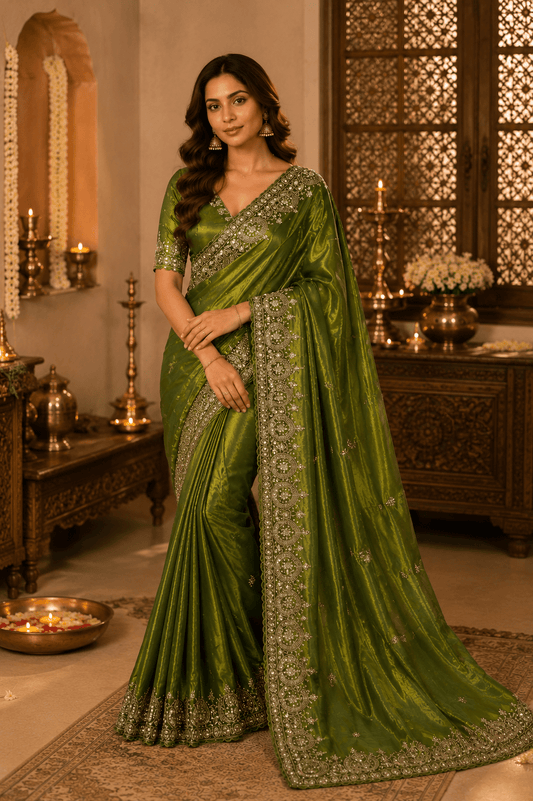 Moss Green Zari & Sequin Embroidered Silk Saree by Mayantiie