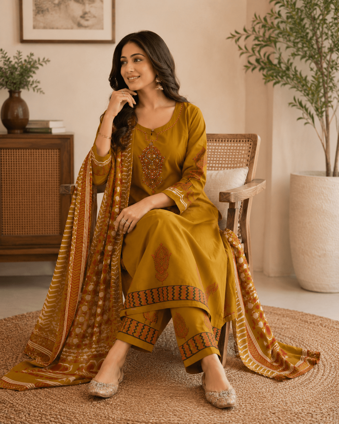 Mustard Handblock Printed Cotton Kurti with Pant and Dupatta