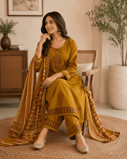 Mustard Handblock Printed Cotton Kurti with Pant and Dupatta