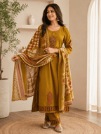 Mustard Handblock Printed Cotton Kurti with Pant and Dupatta