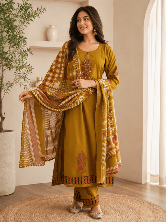 Mustard Handblock Printed Cotton Kurti with Pant and Dupatta