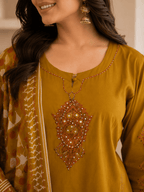 Mustard Handblock Printed Cotton Kurti with Pant and Dupatta