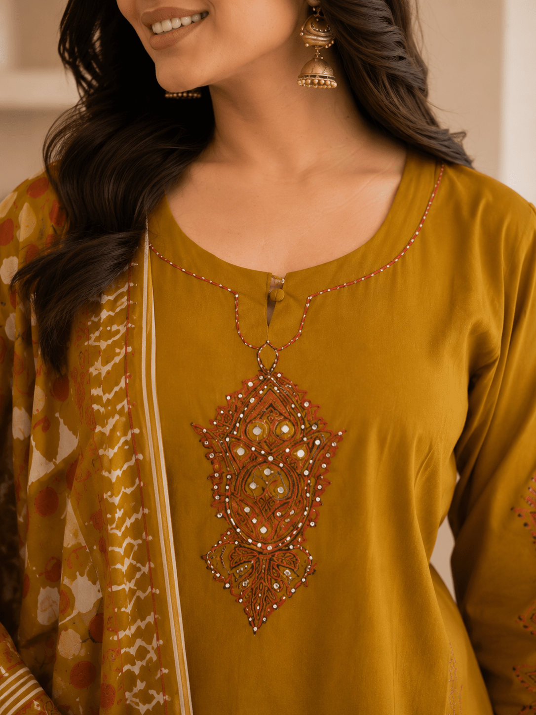 Mustard Handblock Printed Cotton Kurti with Pant and Dupatta