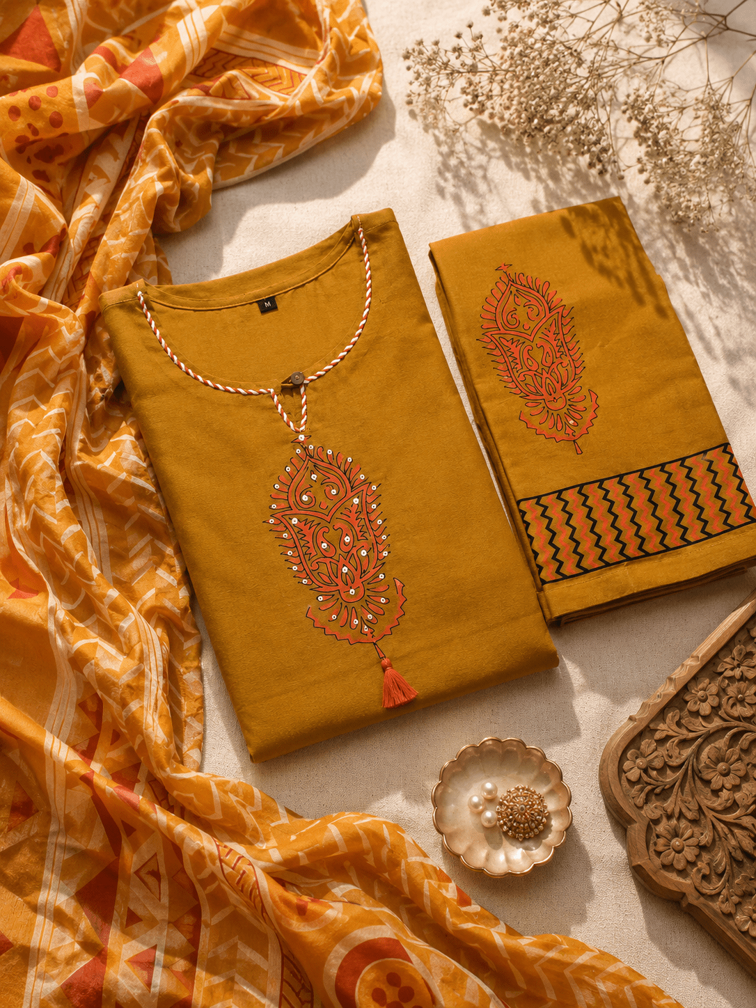 Mustard Handblock Printed Cotton Kurti with Pant and Dupatta