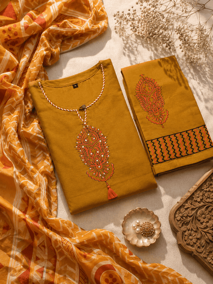 Mustard Handblock Printed Cotton Kurti with Pant and Dupatta