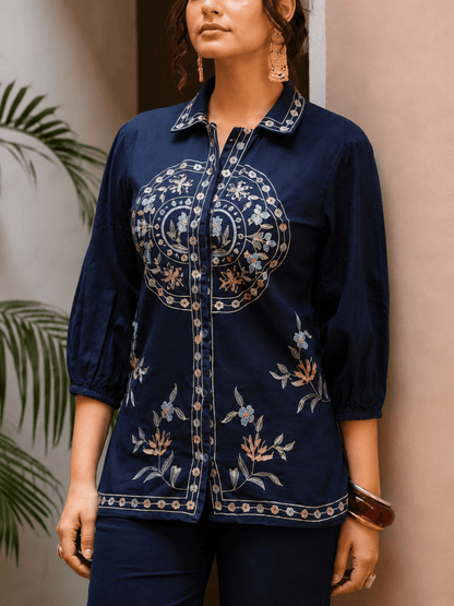 Navy blue co-ord set front design highlighted