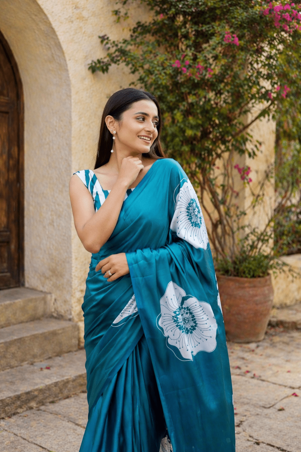 Ocean Blue Bloom Printed Satin Saree - Mayantiie