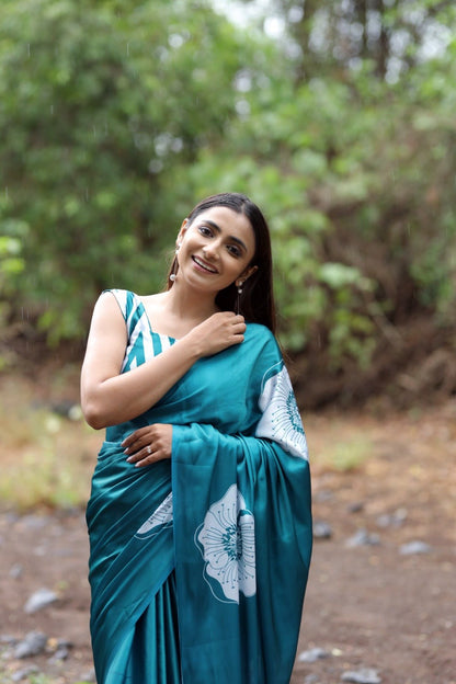 Ocean Blue Bloom Printed Satin Saree - Mayantiie